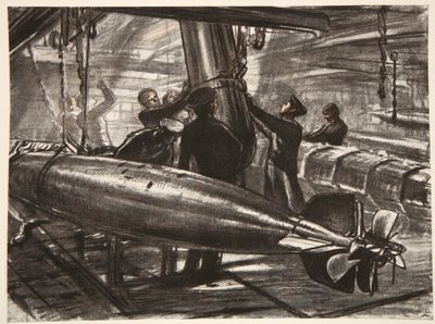 I den nedsänkta torpedplattan på ett slagskepp, illustration från "The Western Front", utgiven av Country Life Ltd av David Muirhead Bone