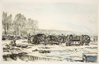 Män från RFA rengör sina vapen, illustration från "The Western Front", utgiven av Country Life Ltd av David Muirhead Bone