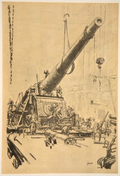 Montering av en stor kanon, illustration från "The Western Front", utgiven av Country Life Ltd av David Muirhead Bone