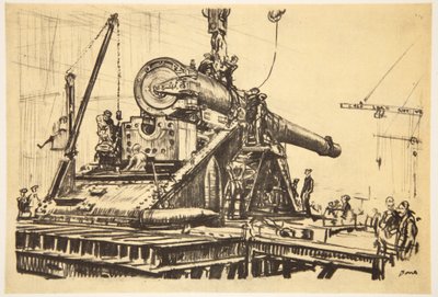 Montering av en stor kanon, illustration från "The Western Front", utgiven av Country Life Ltd av David Muirhead Bone