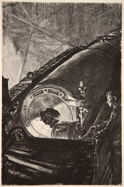 Nattarbete på bakstycket av en stor kanon, illustration från "The Western Front", utgiven av Country Life Ltd av David Muirhead Bone