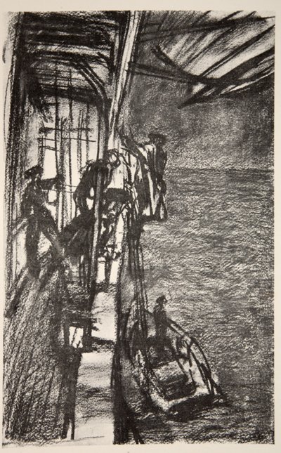 Off Havre: tar lotsen ombord på ett sjukhusfartyg, illustration från "The Western Front", utgiven av Country Life Ltd av David Muirhead Bone