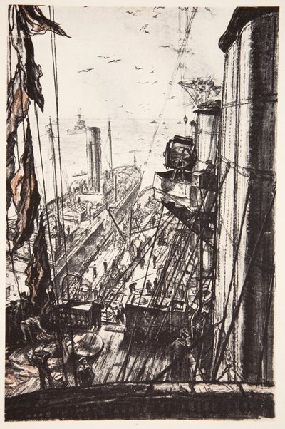 "Oiling": ett slagskepp som tar in oljebränsle till havs, illustration från "The Western Front", utgiven av Country Life Ltd av David Muirhead Bone