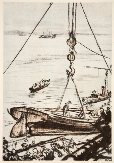 På ett slagskepp: sänker ner en båt från huvudtorn, illustration från "The Western Front", utgiven av Country Life Ltd av David Muirhead Bone