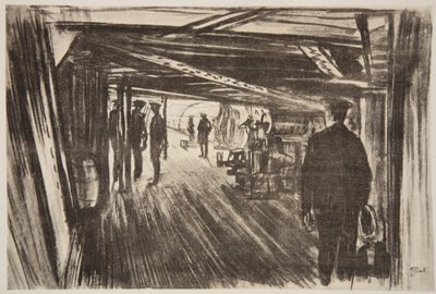 Ombord på en slagkryssare: mellan däcken, illustration från "The Western Front", utgiven av Country Life Ltd av David Muirhead Bone