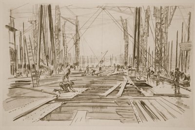 På däck på ett stort fartyg, illustration från "The Western Front", utgiven av Country Life Ltd av David Muirhead Bone