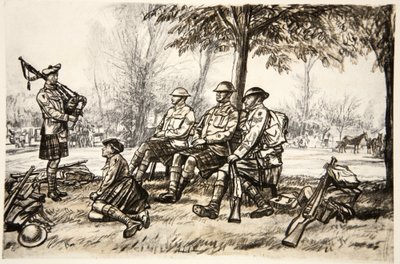 Out of the line, illustration från "The Western Front", utgiven av Country Life Ltd av David Muirhead Bone