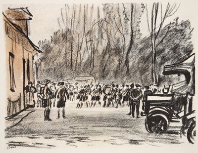 Scottish Pipers, illustration från "The Western Front", utgiven av Country Life Ltd av David Muirhead Bone