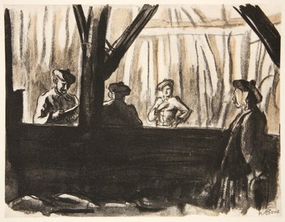Skotska soldater i en fransk lada, illustration från "The Western Front", utgiven av Country Life Ltd av David Muirhead Bone