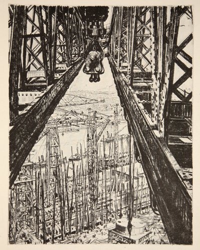 Skeppsvarvet sett från Big Crane, illustration från "The Western Front", utgiven av Country Life Ltd av David Muirhead Bone