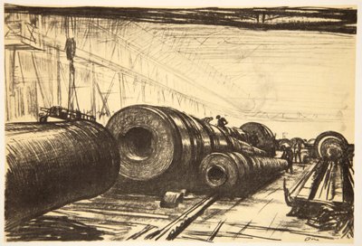 Några stora kanoner, illustration från "The Western Front", utgiven av Country Life Ltd av David Muirhead Bone