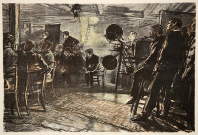 Biografen på ett slagskepp, illustration från "The Western Front", utgiven av Country Life Ltd av David Muirhead Bone