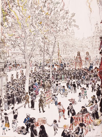 Stadens och jättarnas flagga, Corpus Christi-processionen, Ramblas, Barcelona, 8 juni av David Muirhead Bone