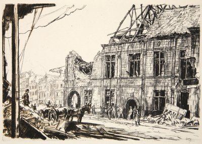 Rådhuset i Peronne, illustration från "The Western Front", utgiven av Country Life Ltd av David Muirhead Bone