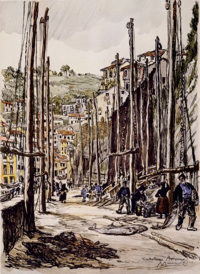 Tunnfiskarna, Cudillero, Asturiens kust av David Muirhead Bone