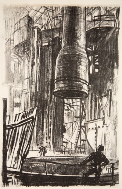 Kanongropen: en kanonmantel som går in i oljetanken, illustration från "The Western Front", utgiven av Country Life Ltd av David Muirhead Bone