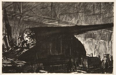 Nattskiftet arbetar med en stor kanon, illustration från "The Western Front", utgiven av Country Life Ltd av David Muirhead Bone
