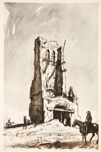 Becordel Becourts tornruin, illustration från "The Western Front", utgiven av Country Life Ltd av David Muirhead Bone