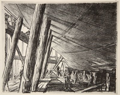 Under ett fartyg, illustration från "The Western Front", utgiven av Country Life Ltd av David Muirhead Bone
