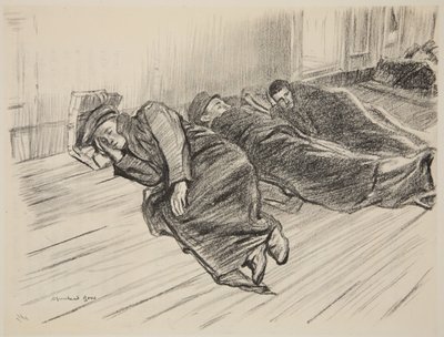 Gående skadade som sover på däck, illustration från "The Western Front", utgiven av Country Life Ltd av David Muirhead Bone