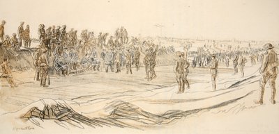 Tittar på tyska fångar, illustration från "The Western Front", utgiven av Country Life Ltd av David Muirhead Bone