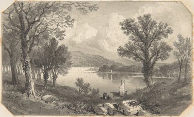 Utsikt över en sjö eller flod med en segelbåt av David Octavius Hill