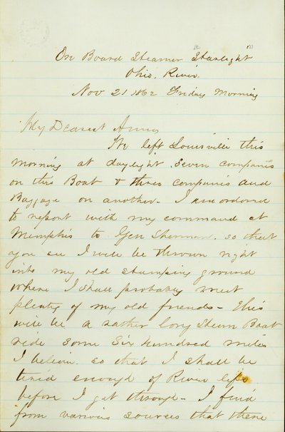 Letter from D. P. Grier, on board Steamer Starlight, Ohio River, to Anna McKinney, November 21, 1862 av David Perkins Grier