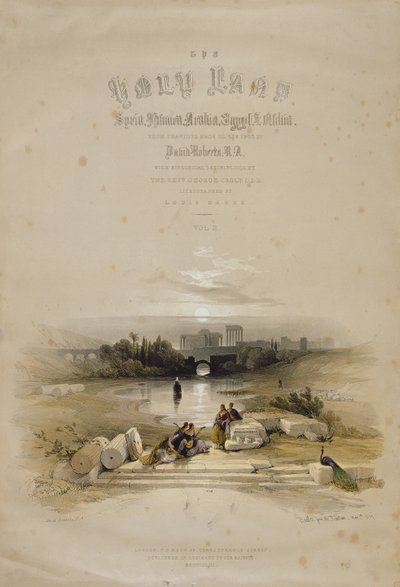 Baalbec från fontänen, 7 maj 1839, titelsida för volym II av "Det heliga landet", graverad av puben Louis Haghe (1806-85). 1843 av David Roberts