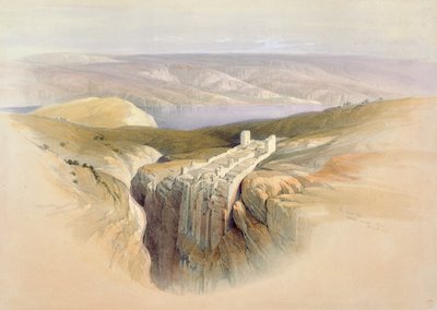 Döda havet blickar mot Moab, 4 april 1839, skylt 50 från volym II av "Det heliga landet", graverad av puben Louis Haghe (1806-85). 1843 av David Roberts