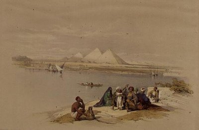 Pyramiderna i Giza från Nilen, från "Egypten och Nubia", Vol.1 (litho) av David Roberts