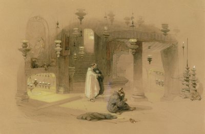 The Shrine of the Holy Nativity, Betlehem, 1839 (wc över penna, förhöjd med gouache och gummi arabicum på gulfärgat papper) av David Roberts
