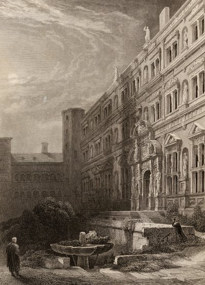 Den stora domstolen i Heidelberg, graverad av H. Winkles, illustration från 