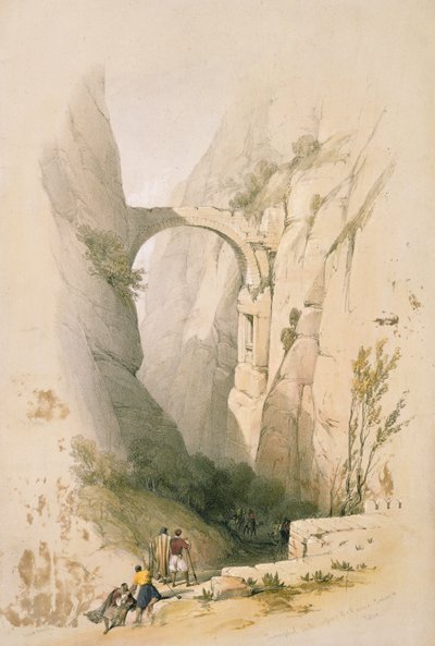 Triumfbåge som korsar ravinen som leder till Petra, skylt 95 från volym III av "Det heliga landet", graverad av puben Louis Haghe (1806-85). 1849 av David Roberts