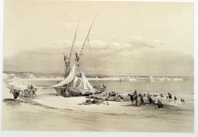 Utsikt över staden Tyre (Tyre) i Libanon, ritning gjord den 27/04/1839 i "" The Holy Land"", London 1849 av David Roberts