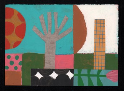 Fruit Tree Sundowner, 2023 (färg och collage) av David Shillinglaw