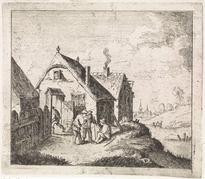 Tre män pratar vid ett hus av David Teniers (II)