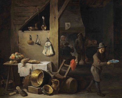 En köksinredning med en ung pojke och tre figurer som dricker och röker av David Teniers the Younger