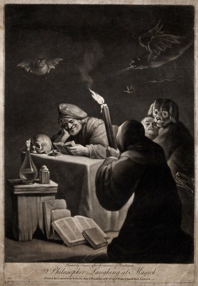 En man läser en bok och ler; bredvid honom en man med huva och knä av David Teniers the Younger