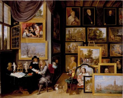 Ett bildgalleri med två män som undersöker en säl och en teckning med röd krita, samt en apa i present av David Teniers the Younger