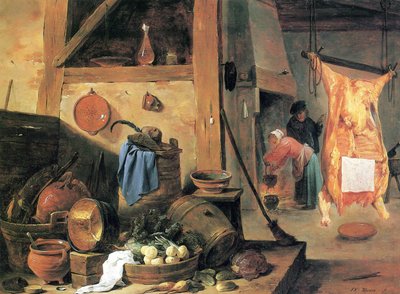 Köksinredning med stilleben och slaktad oxe av David Teniers the Younger