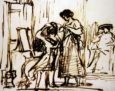 En interiör med en kvinna som klär hennes hår (bläck på papper) av David Wilkie