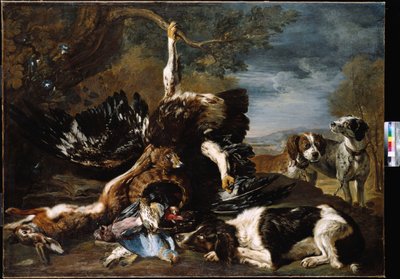 En spaniel, en örn, en hare och en flätad korg med en nötskrika, finkar och andra fåglar som förbises av två hundar, ett bergigt landskap bortom av David de Coninck