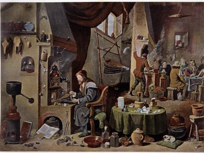 Ett alkemistlaboratorium på 1600-talet - enligt målningen av David Téniers den yngre av David the Younger (after) Teniers