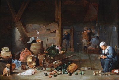 En köksinteriör med en kvinna som tillagar grönsaker och personer som samtalar utanför (olja på pannå) av David the Younger (circle of) Teniers