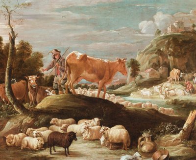 En boskapsskötare med nötkreatur och får nära en bäck (olja på duk) av David the Younger (follower of) Teniers