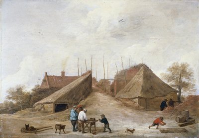 En gård med figurer runt ett bord av David Teniers the Younger