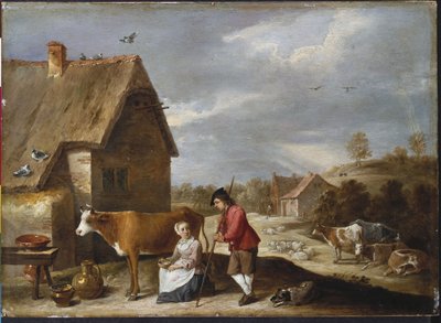 En mjölkjungfru och en herde utanför en stuga, sent 1640-tal av David Teniers the Younger