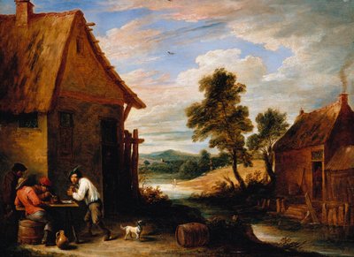 Ett flodlandskap med bönder utanför en krog av David Teniers the Younger