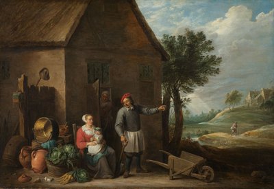 En bonde vid en stugdörr med en sittande kvinna och ett barn, ca 1650-1655 (olja på duk) av David the Younger Teniers