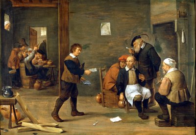 En grupp män värmer upp framför en skorsten. Målning av David Teniers dit Le Jeune (1610 - 1690) Milano, Museo del castello. av David Teniers the Younger